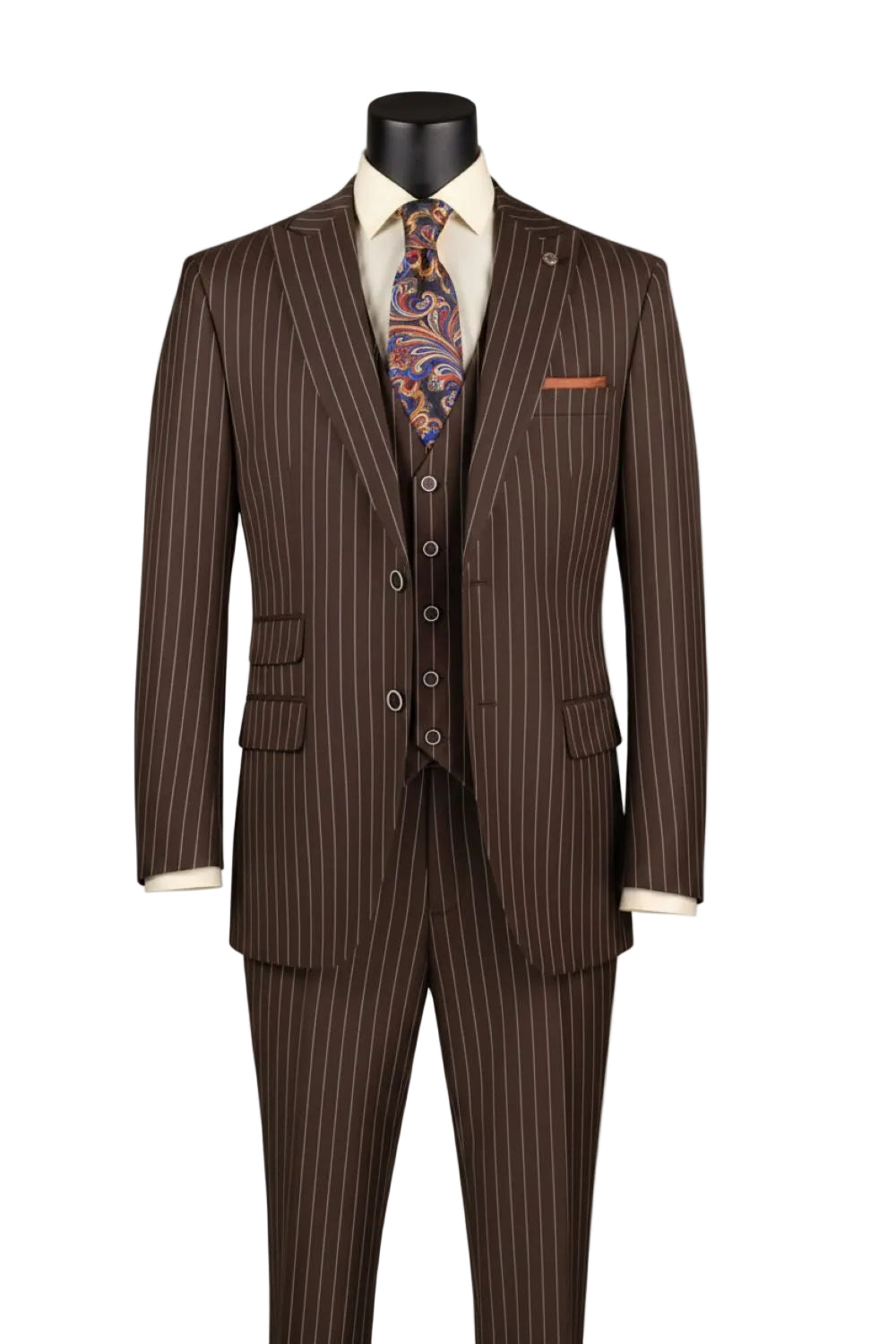Odyssey Collection - Brown Regular Fit Bold Stripes 3-Piece Suit With Adjustable Waistband Pants