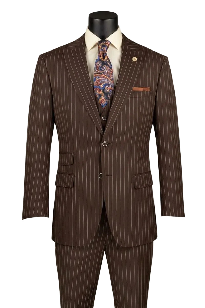 Odyssey Collection - Brown Regular Fit Bold Stripes 3-Piece Suit With Adjustable Waistband Pants