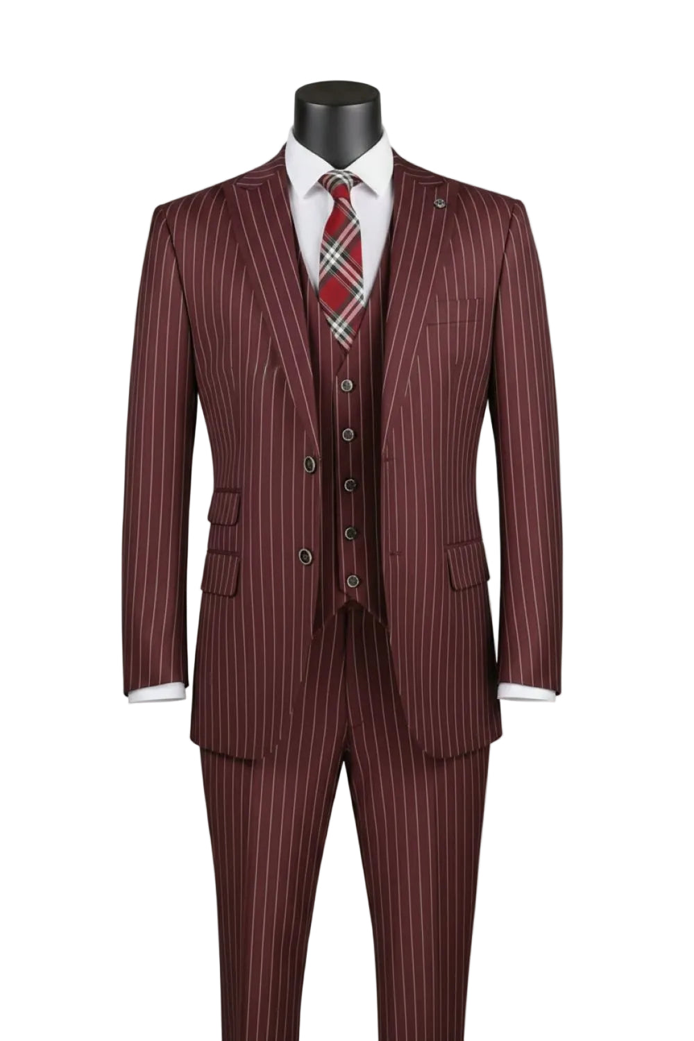 Odyssey Collection - Burgundy Regular Fit Bold Stripes 3-Piece Suit With Adjustable Waistband Pants