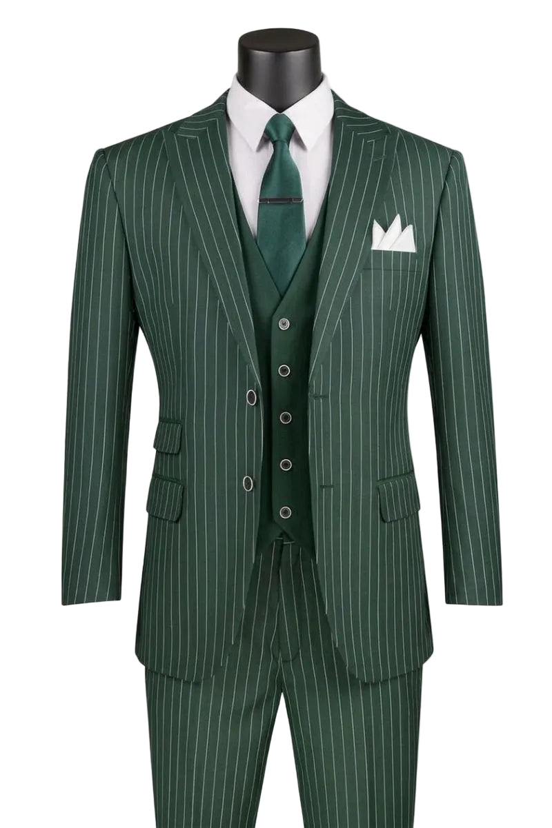 Odyssey Collection - Hunter Green Regular Fit Bold Stripes 3-Piece Suit With Adjustable Waistband Pants