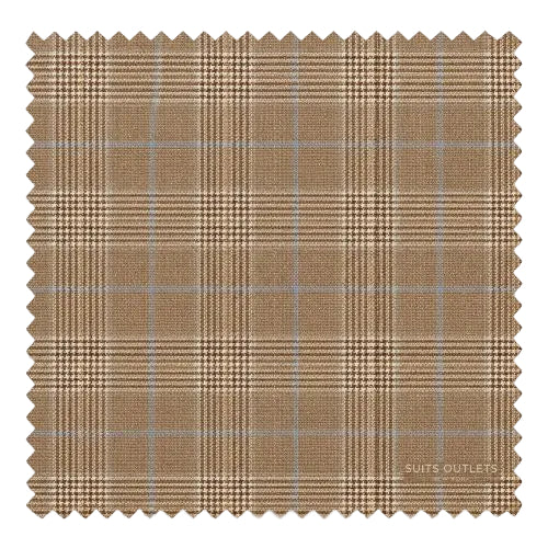 A square fabric swatch with scalloped edges showing a brown and beige plaid pattern with thin light gray intersecting lines. The text 'SUITS OUTLETS' is printed in the lower right corner.
