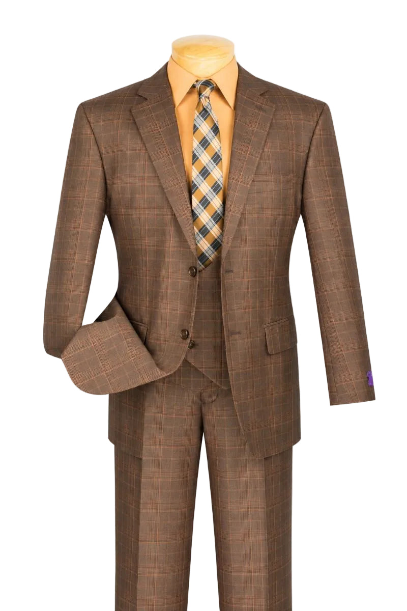 Renaissance Collection - Regular Fit Glen Plaid 3 Piece Suit Chestnut