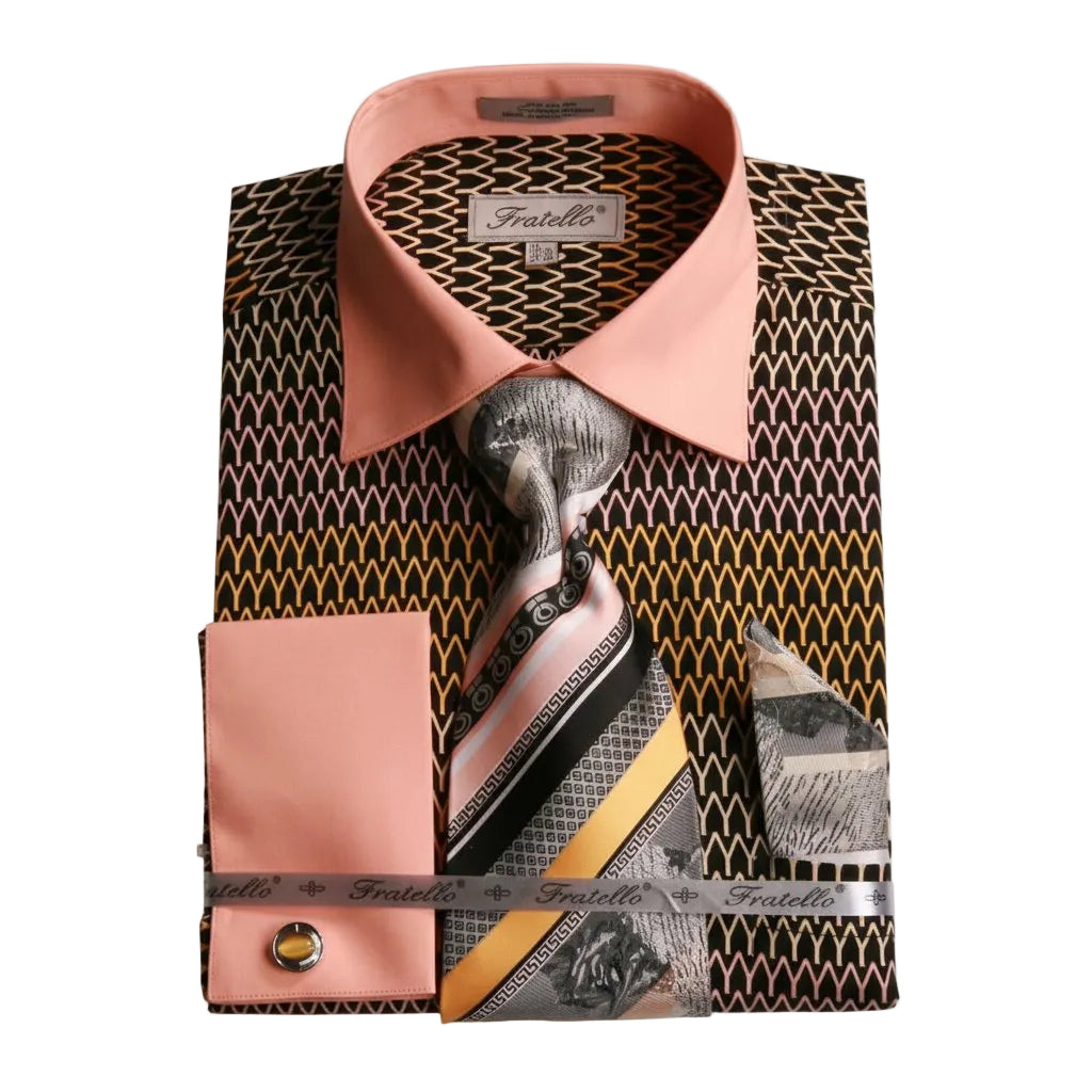 French Cuff Printed Tone on Tone Shirt in Black/Gold with Tie, Cuff Links and Pocket Square