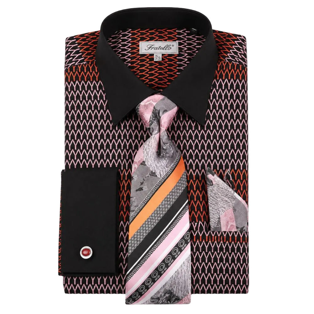 Black and orange French cuff tone-on-tone shirt set with tie, cuff links and pocket square
