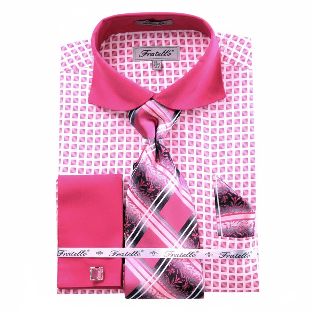 French Cuff Checker Pattern Cotton Shirt in Fuchsia