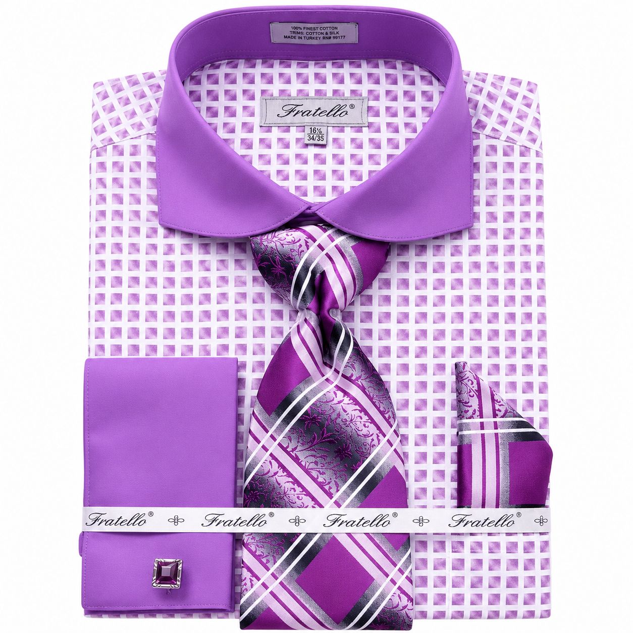 French Cuff Checker Pattern Cotton Shirt in Lilac