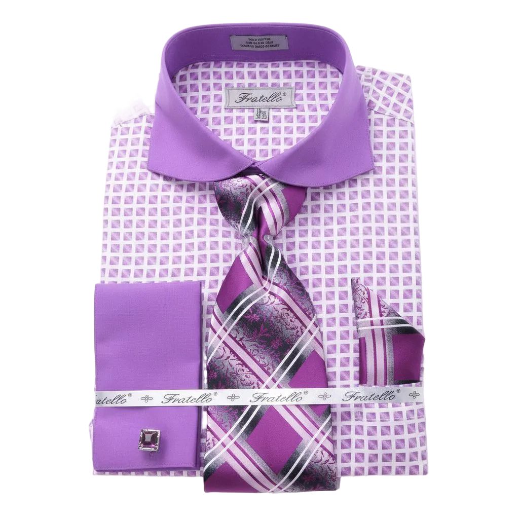 French Cuff Checker Pattern Cotton Shirt in Lilac