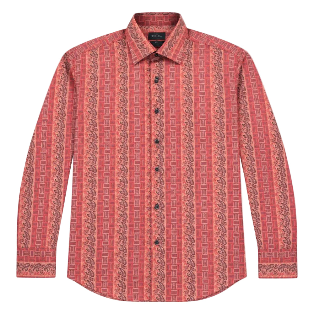 Dress Shirt Regular Fit Paisley And Check Design In Coral