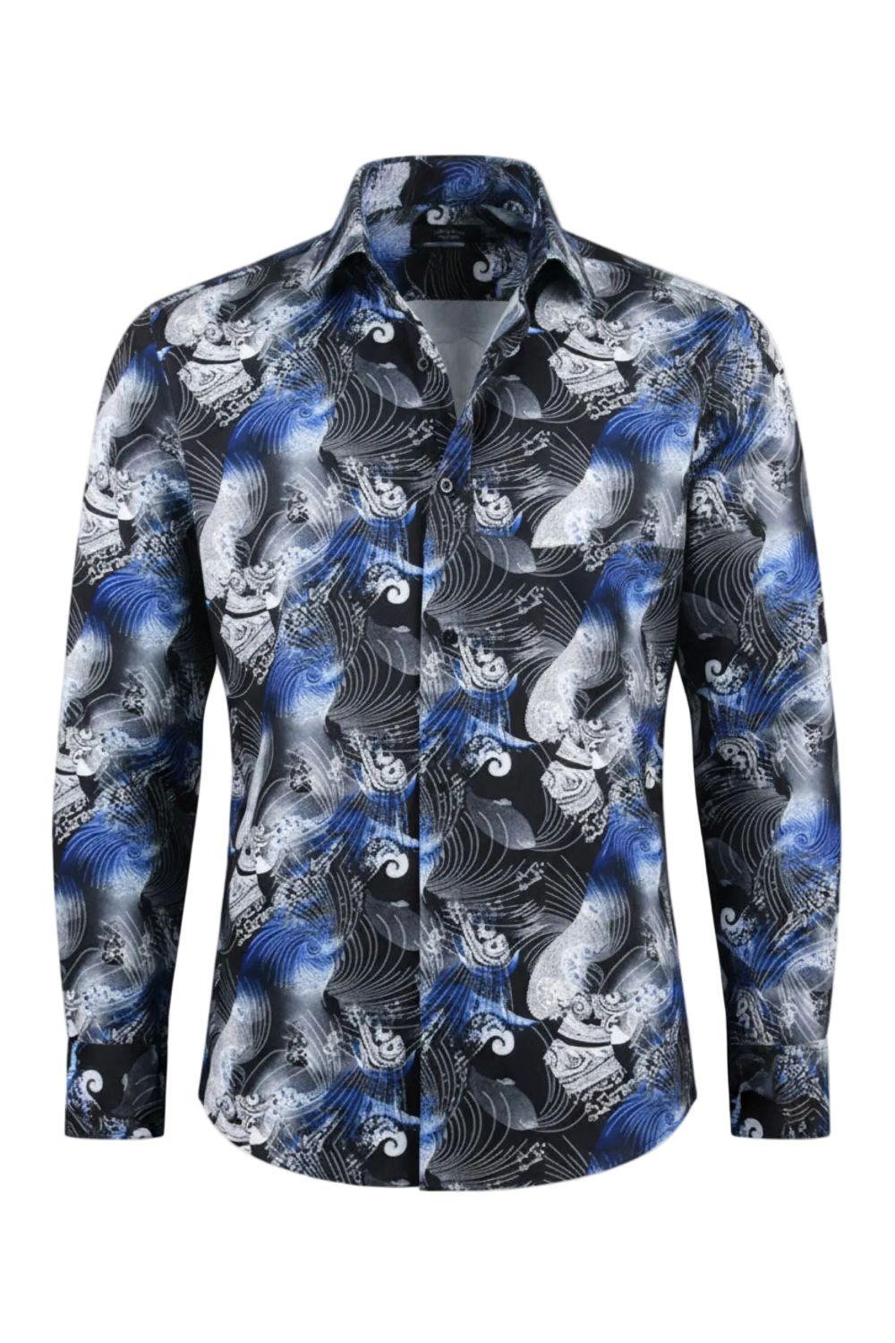 Dress Shirt Regular Fit Ukiyo-e Inspired Style Pattern In Black/Royal Blue
