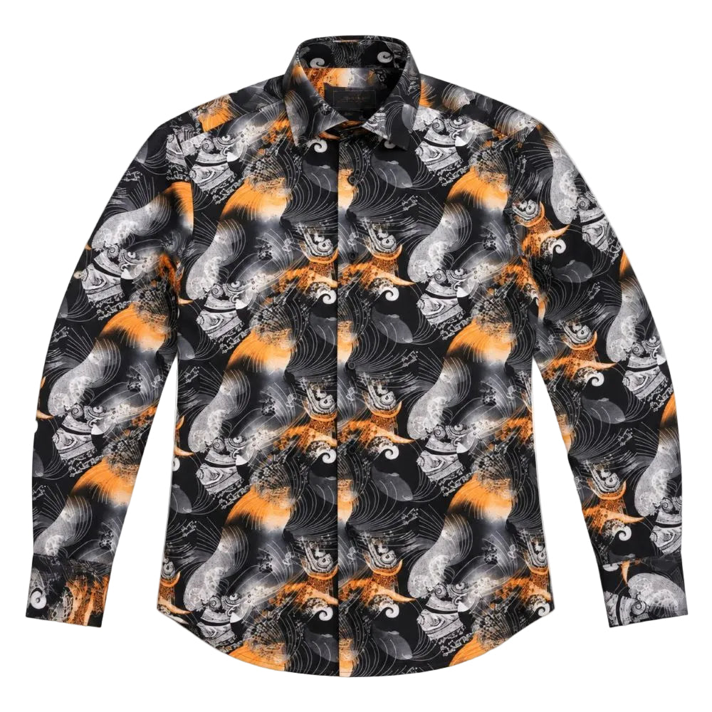 Dress Shirt Regular Fit Ukiyo-e Inspired Style Pattern In Black/Orange