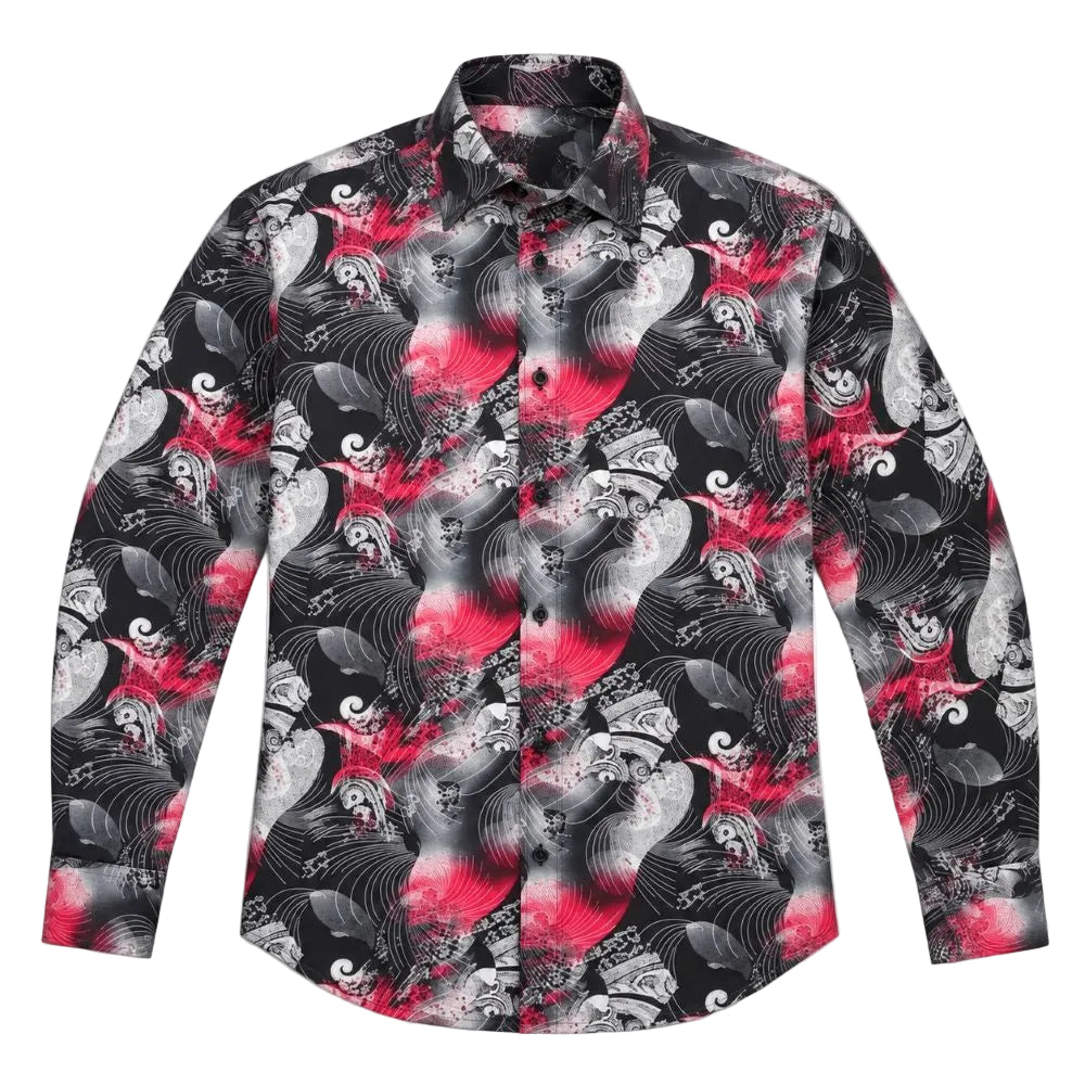 Dress Shirt Regular Fit Ukiyo-e Inspired Style Pattern In Black/Red
