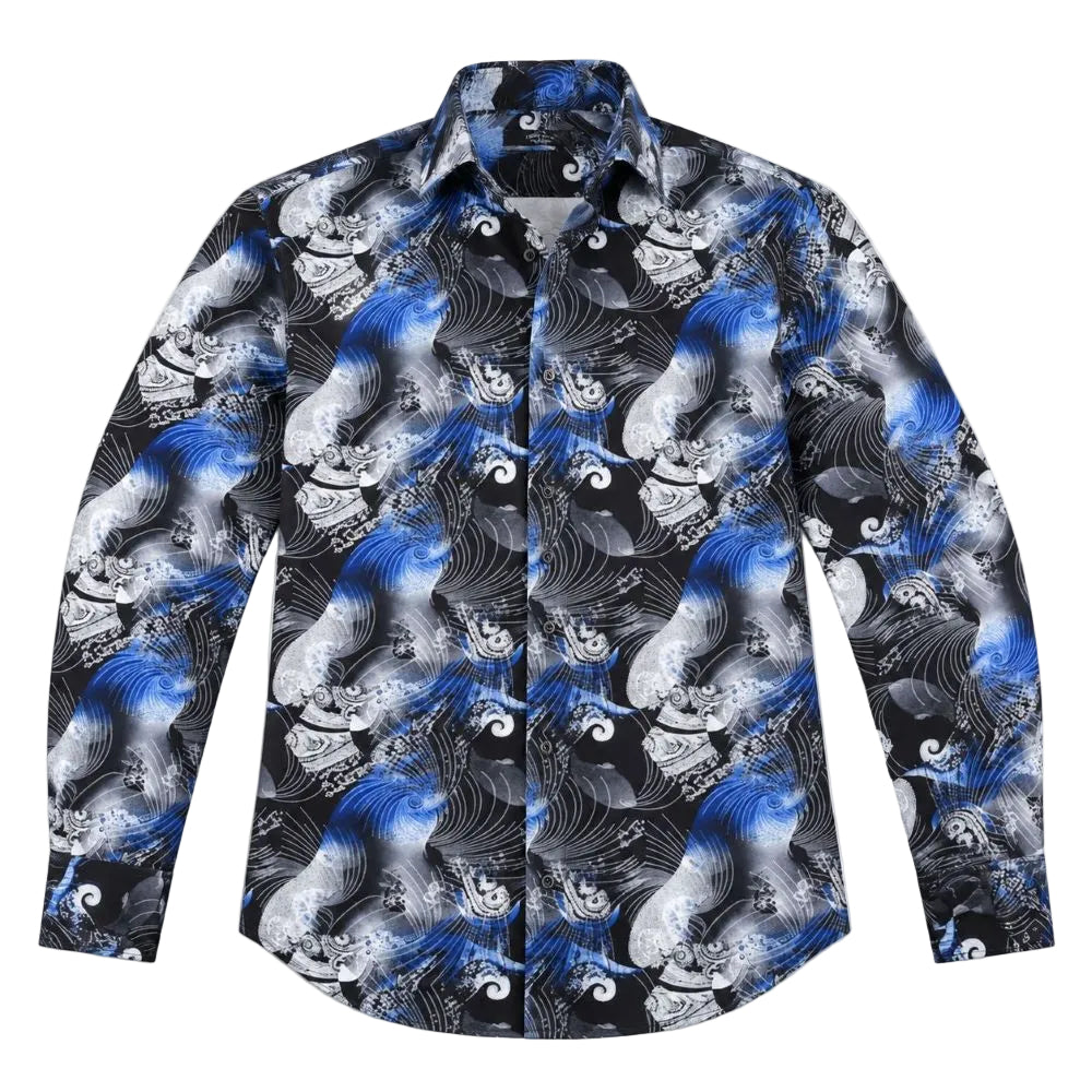Dress Shirt Regular Fit Ukiyo-e Inspired Style Pattern In Black/Royal Blue