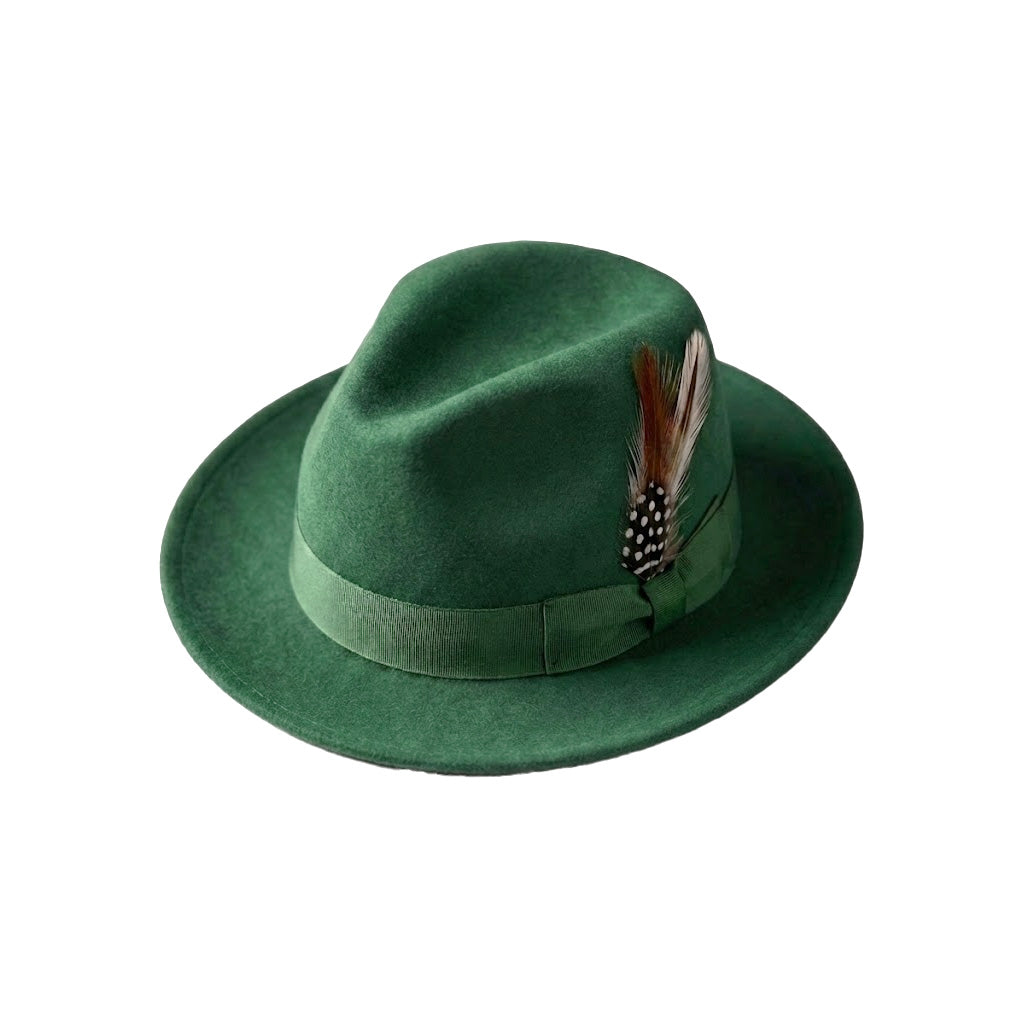 Green fedora hat with a feather on a white background