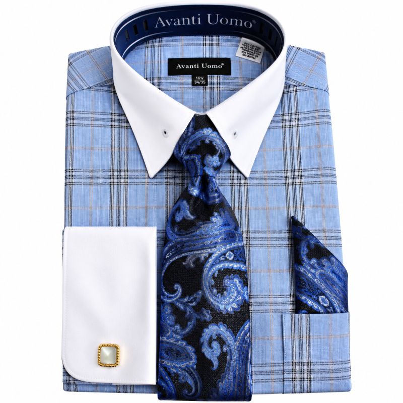 Light Blue Regular Fit Plaid Dress Shirt Set