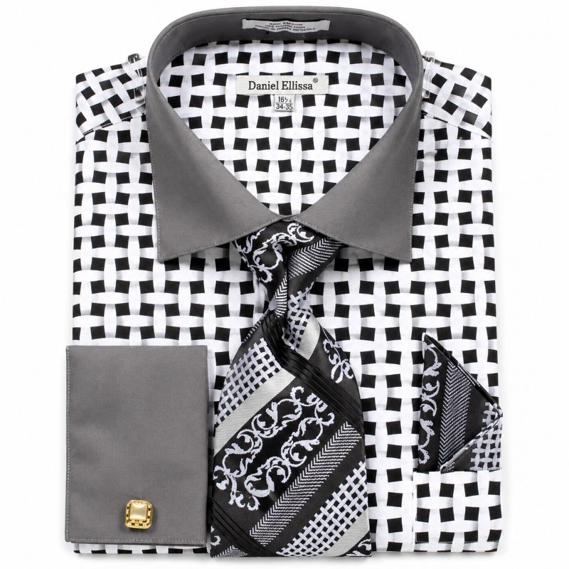 French Cuff Checker Pattern Cotton Shirt in Black/White