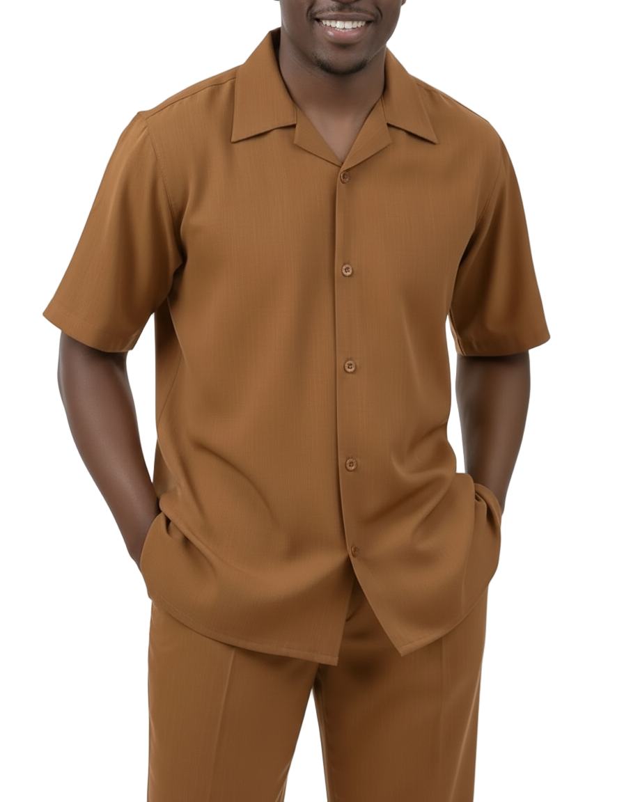 Close-up of solid sleeve on Men's 2-Piece Summer Walking Suit with Flex Waist Cognac, showing cuff buttons.