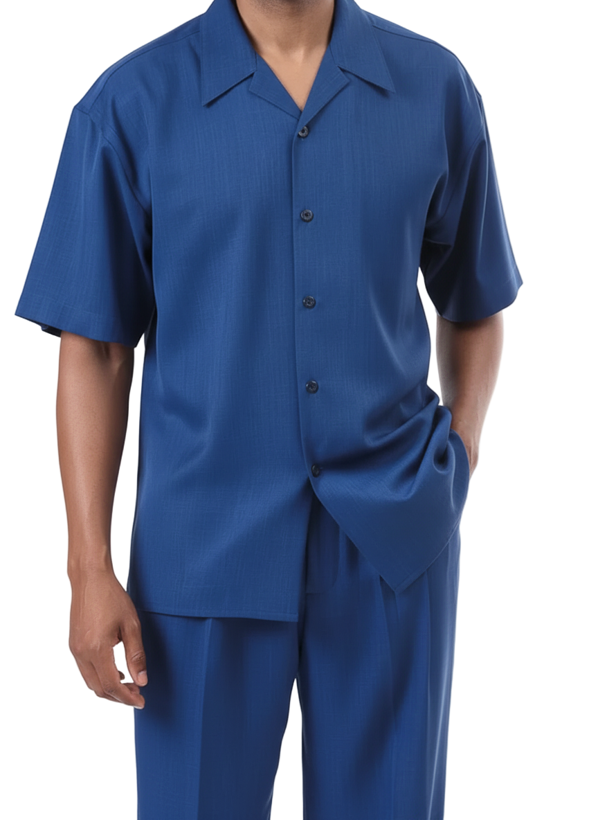 Close-up of the solid sapphire short sleeve on the walking suit, showing collar, buttons, and pocket.