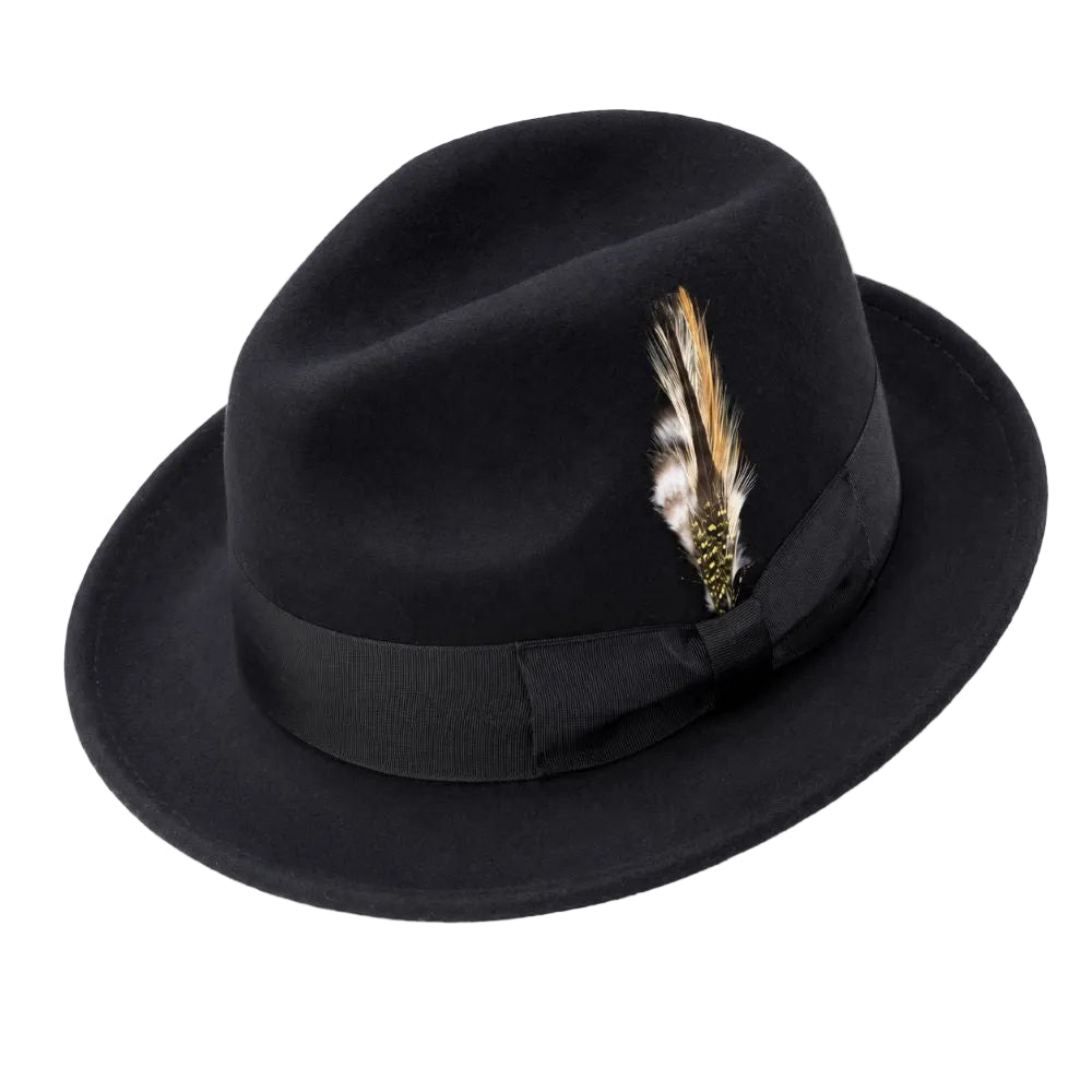 Men's Black Wool Felt Fedora Hat Snap Brim Crushable