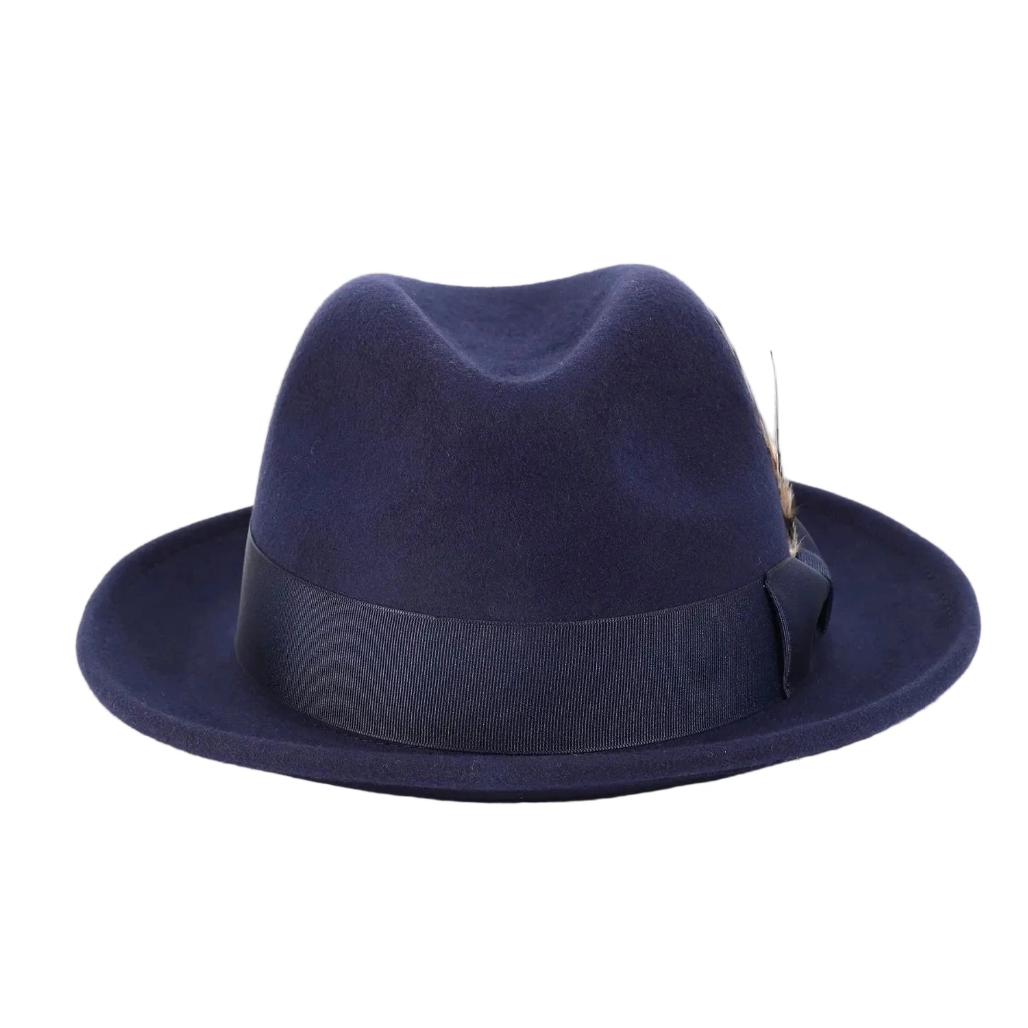 Navy blue fedora hat with a feather on a white background