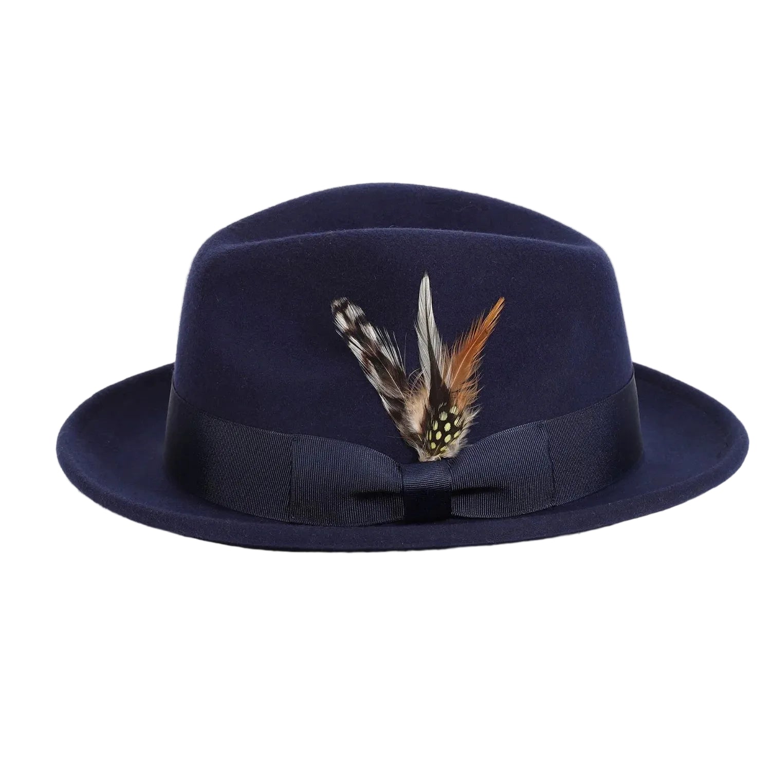 Navy blue fedora hat with a feather detail on a white background