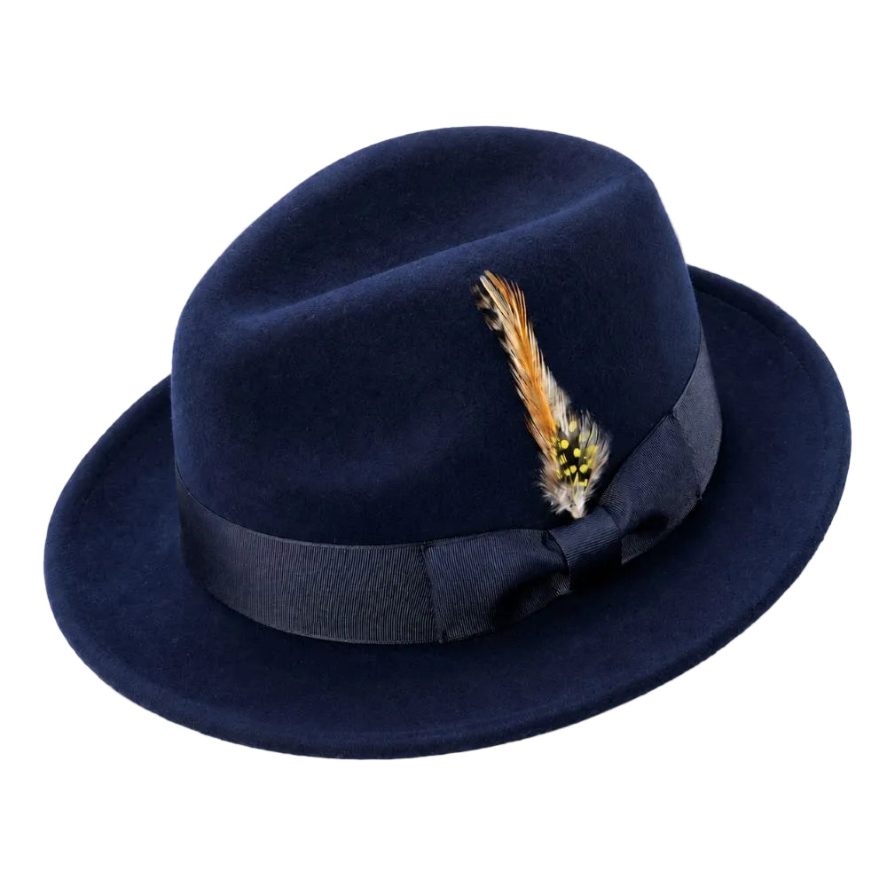 Men's Navy Wool Felt Fedora Hat Snap Brim Crushable