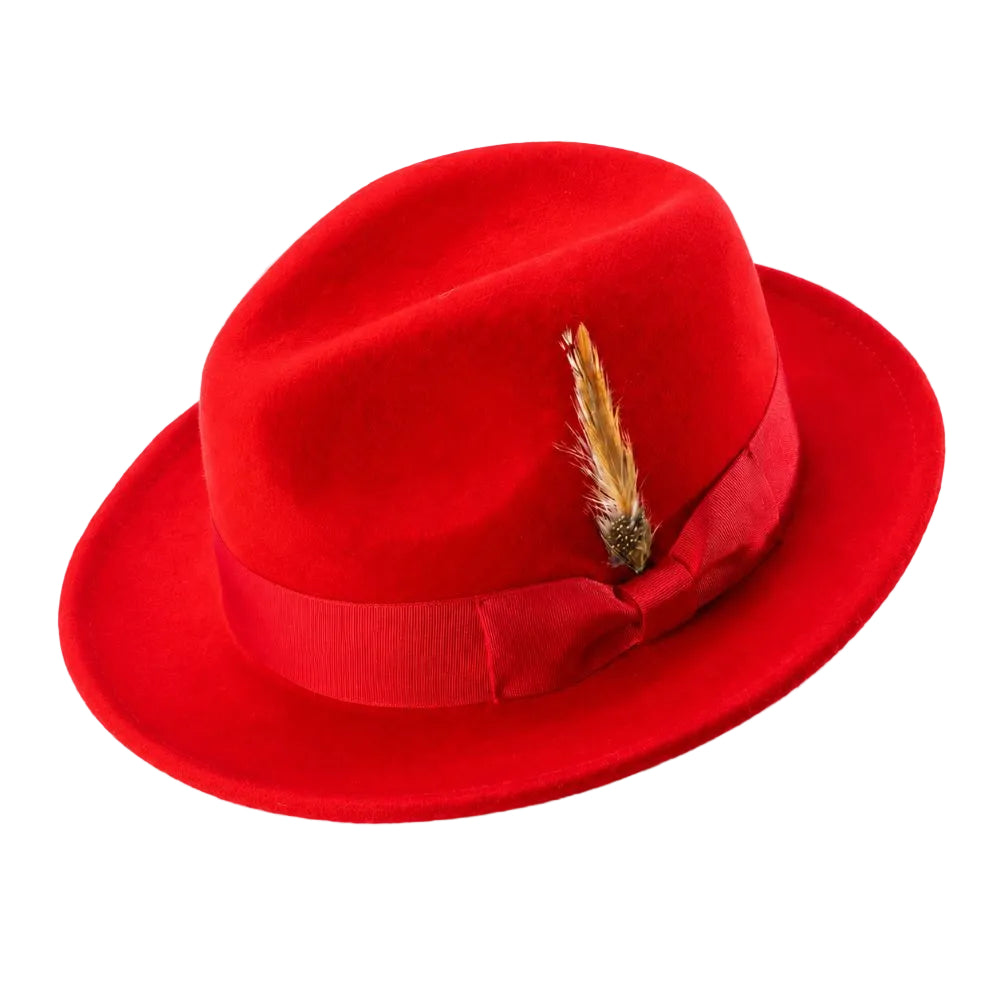 Men's Red Wool Felt Fedora Hat Snap Brim Crushable