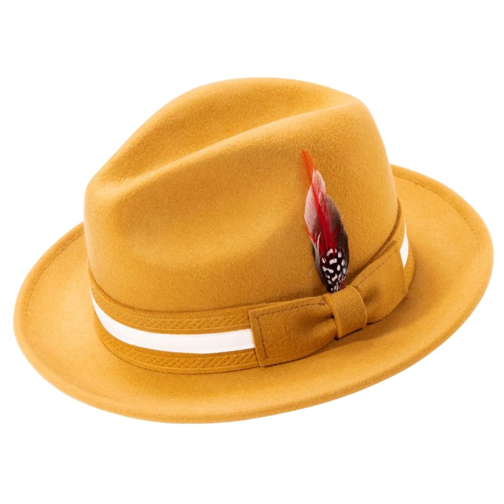 Gold Wool Felt Fedora with Band and Ribbon