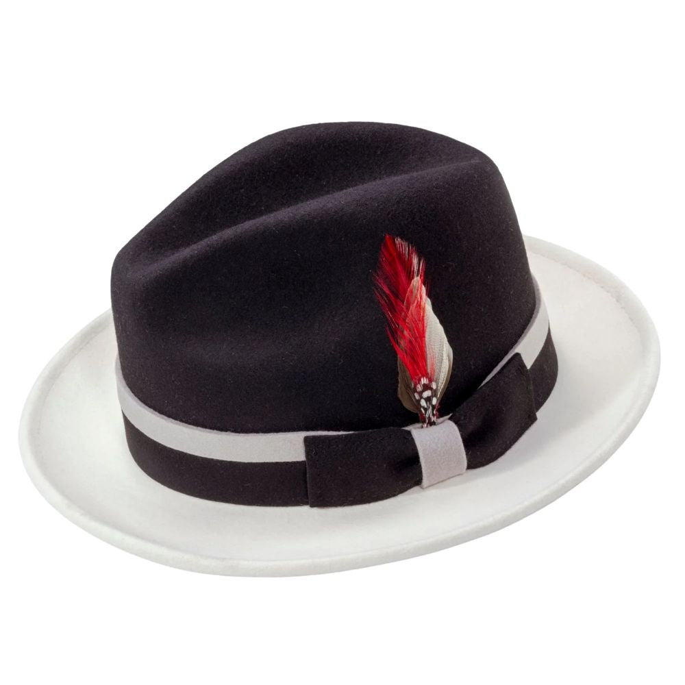 Two-Tone Black/White Wool Felt Fedora with Band and Ribbon