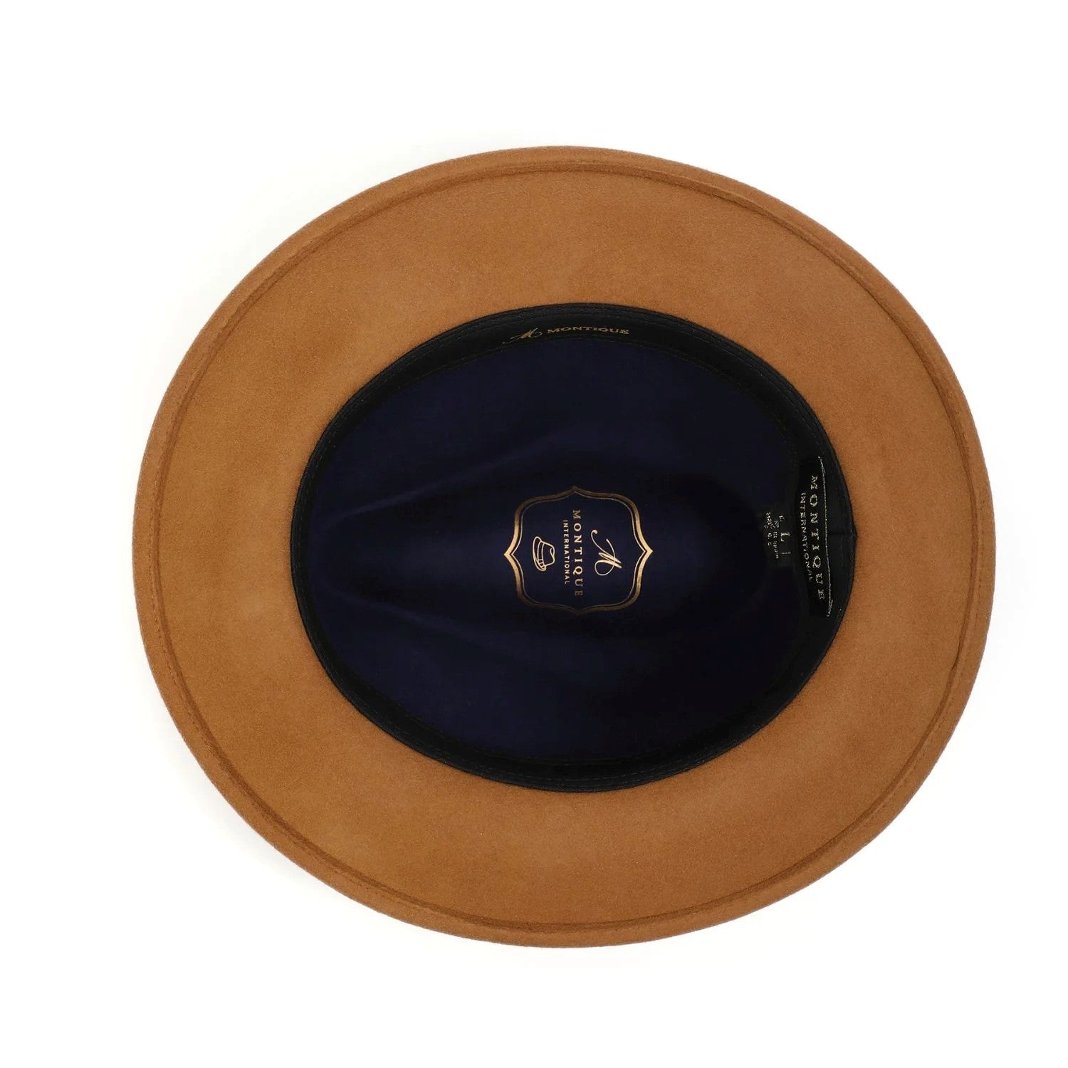 Brown hat with navy interior on a white background
