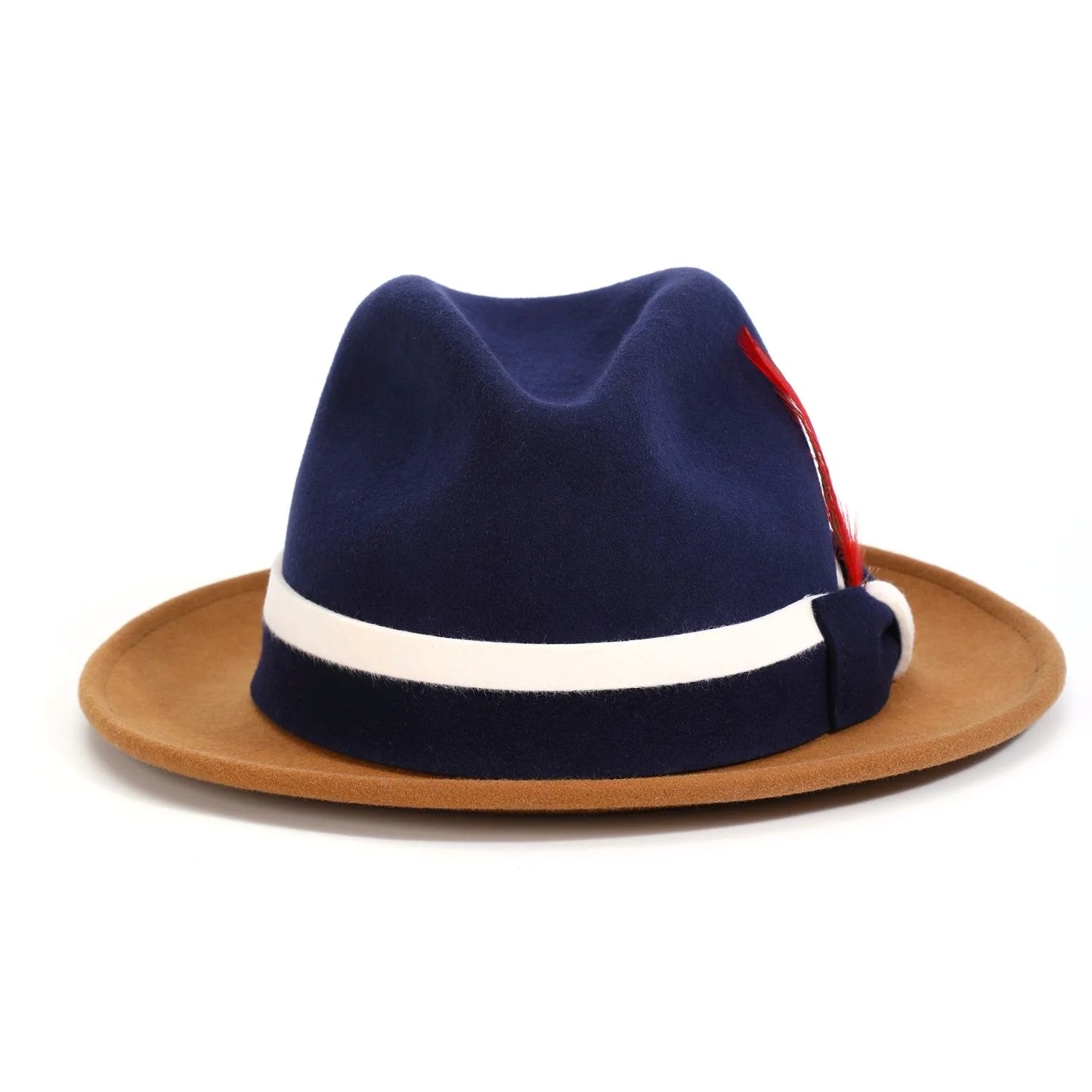 Navy fedora hat with a white band and red interior on a white background