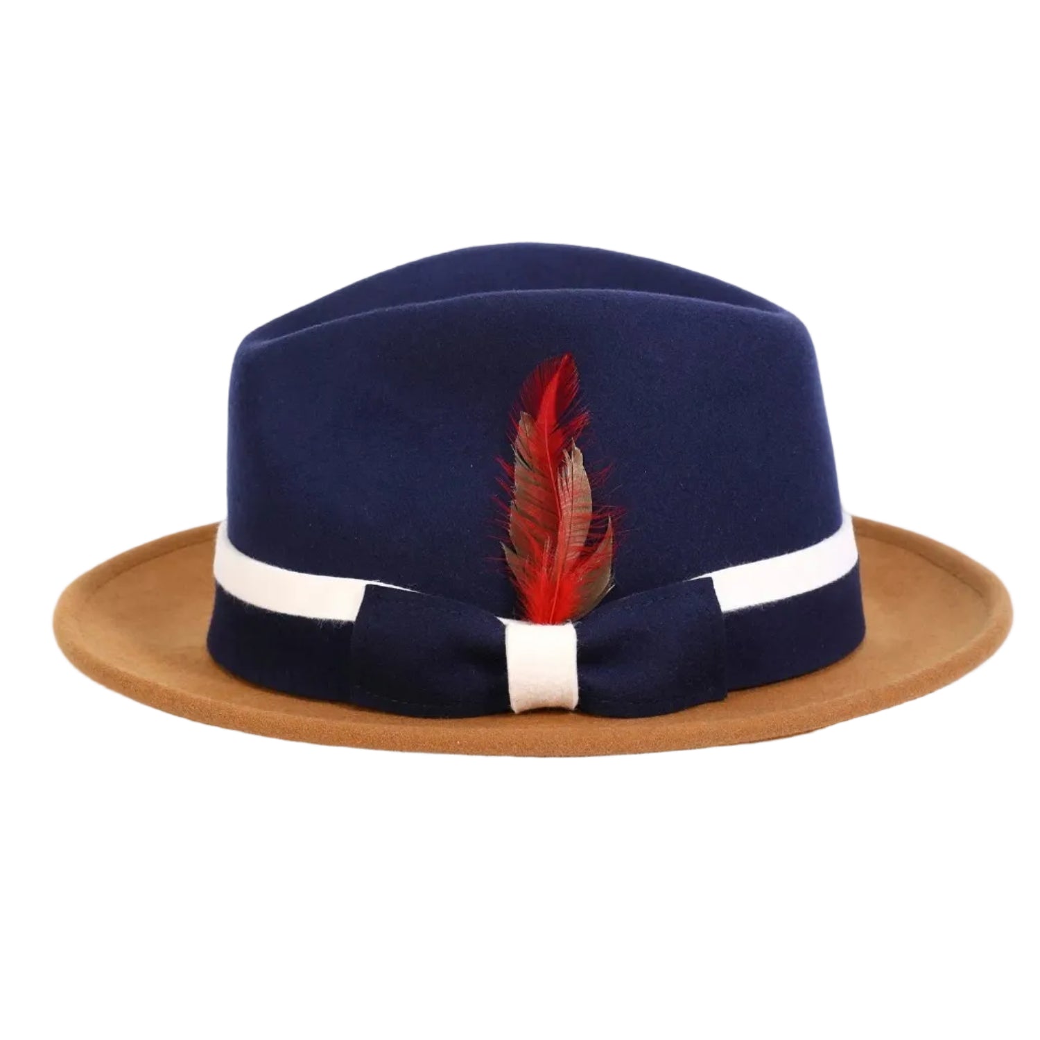 Navy fedora hat with a red feather and white band on a white background