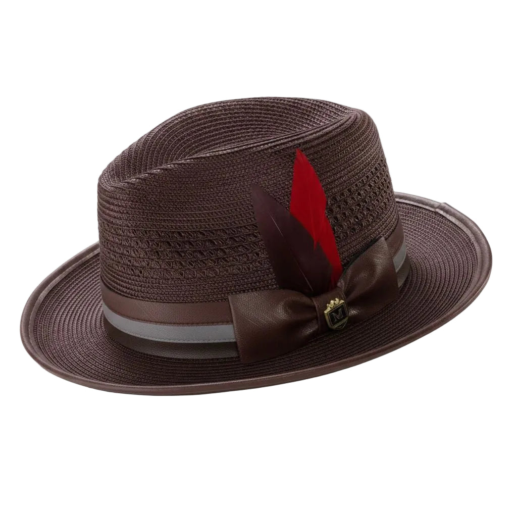 Brown Mesh Braided Fedora Hat with Feather Stripe Trim Ribbon Band