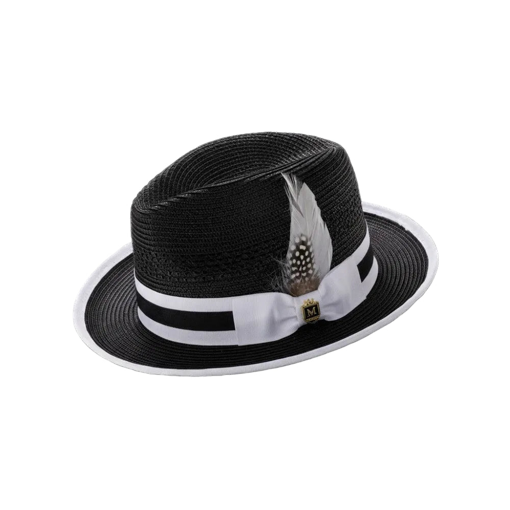 Braided Fedora Hat with Ribbon Band - Black/White