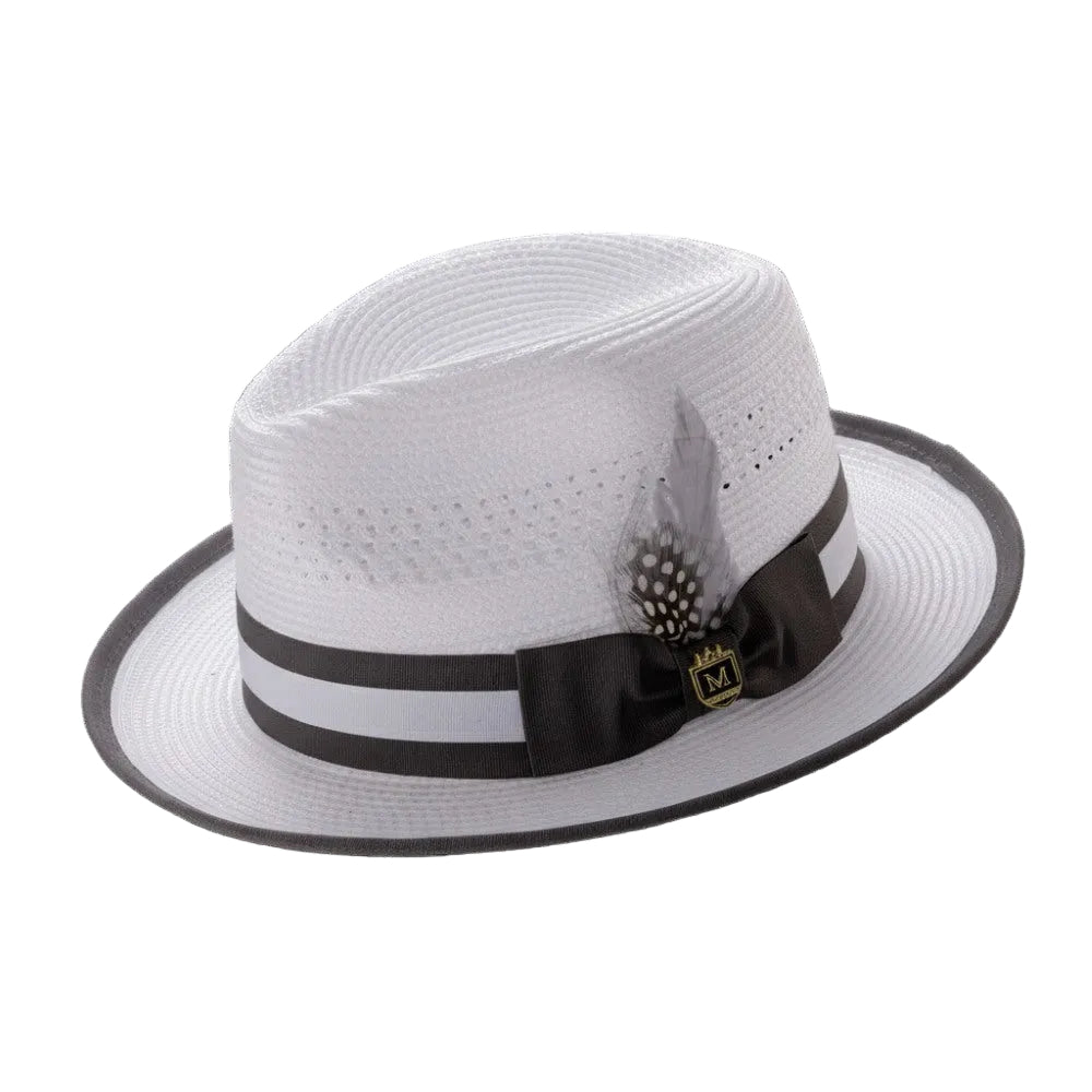 Braided Fedora Hat with Ribbon Band - White/Gray