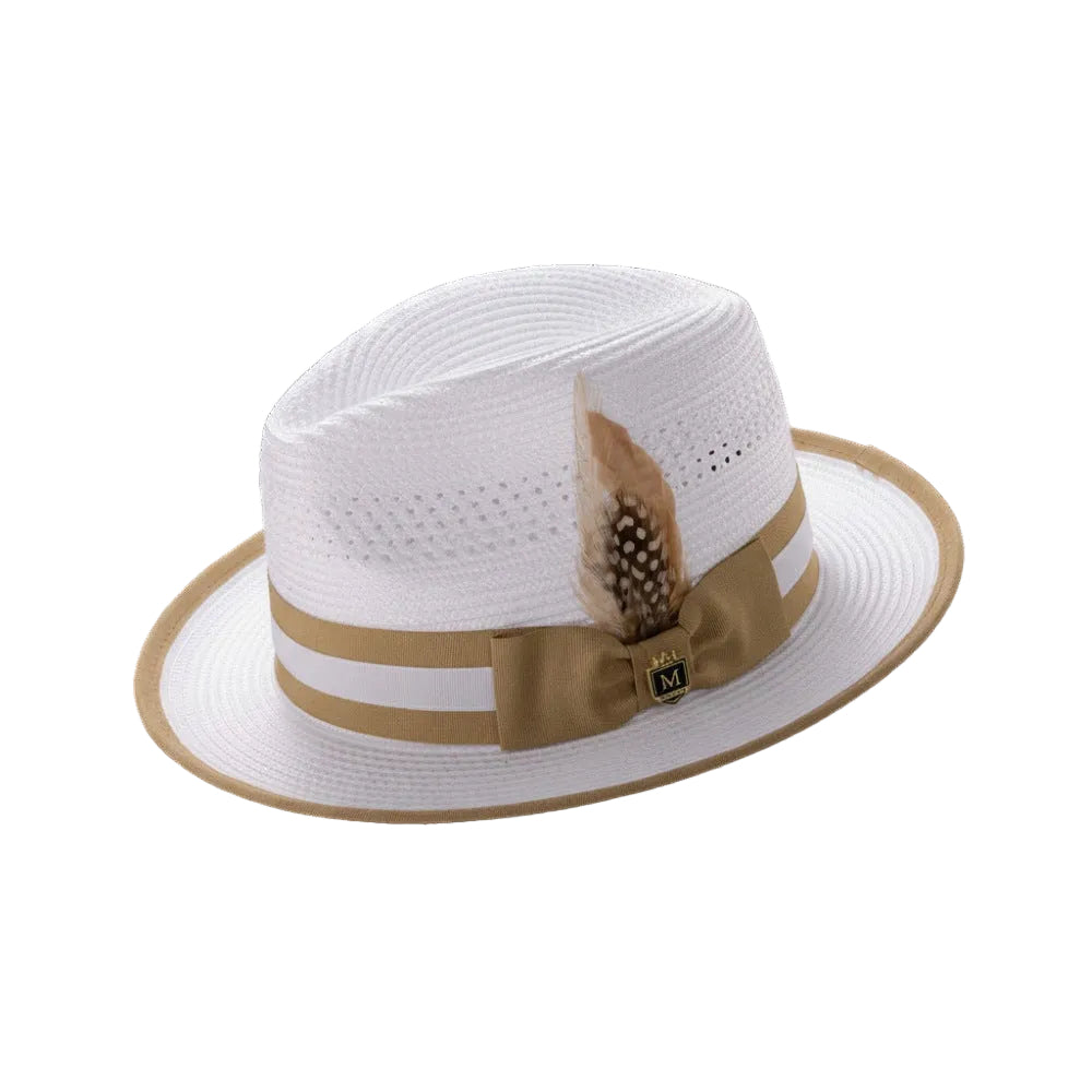 Braided Fedora Hat with Ribbon Band - White/Mustard