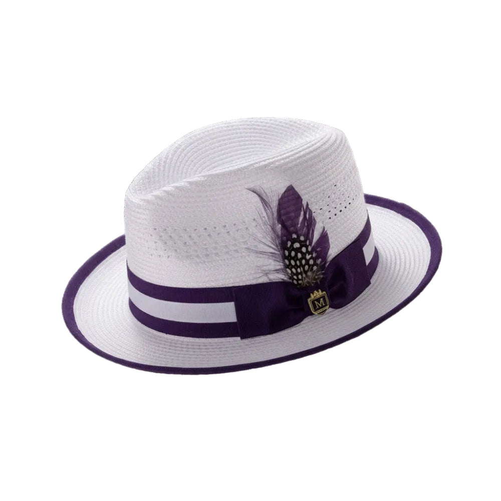 Braided Fedora Hat with Ribbon Band - White/Purple