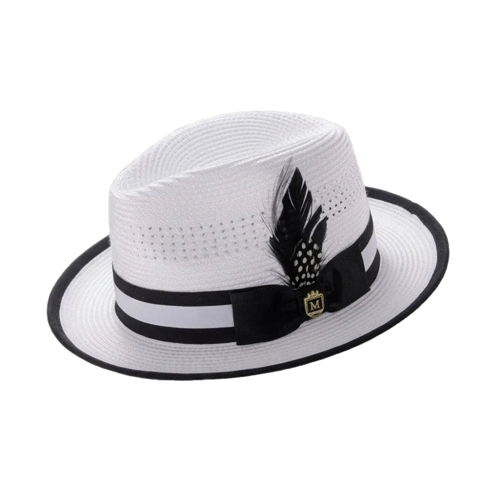 Braided Fedora Hat with Ribbon Band - White/Black