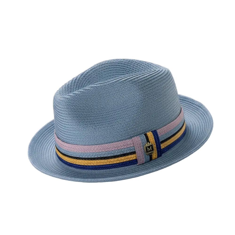 Blue Braided Fedora Hat with Multi-Color Striped Band