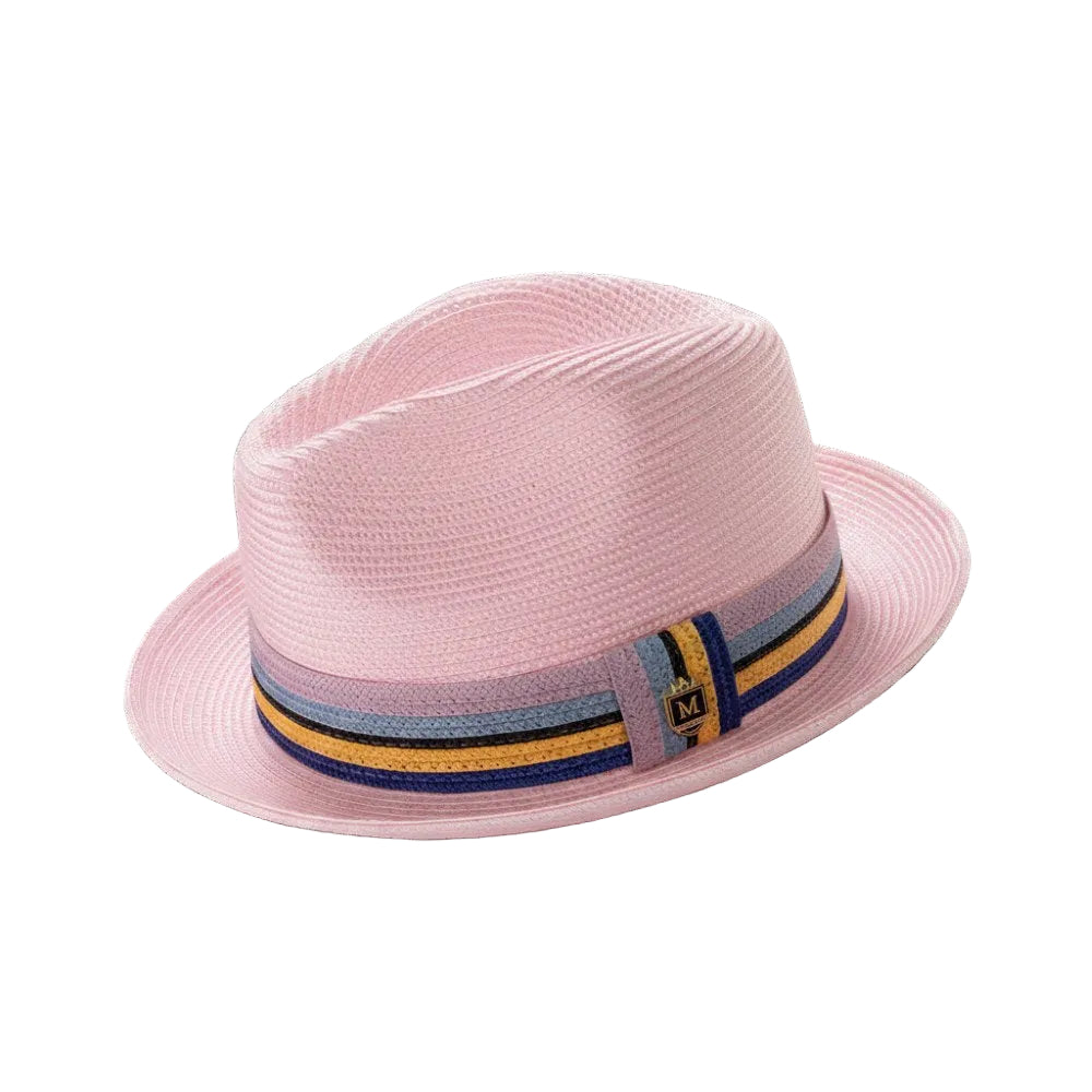Pink Braided Fedora Hat with Multi-Color Striped Band
