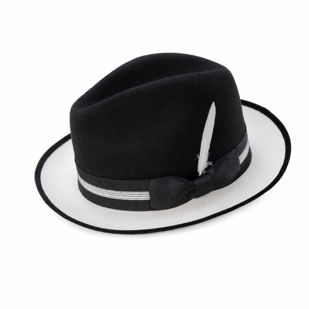 Two-Tone Wool Felt Fedora with Ribbon Band and Feather – Black/White