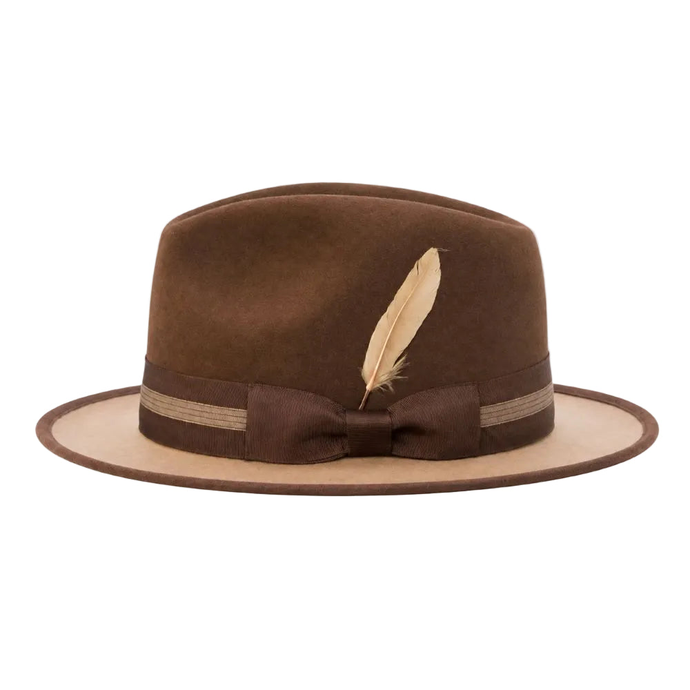 A brown felt fedora hat with a light beige feather accent and a matching brown bow on a beige band, shown against a plain white background.