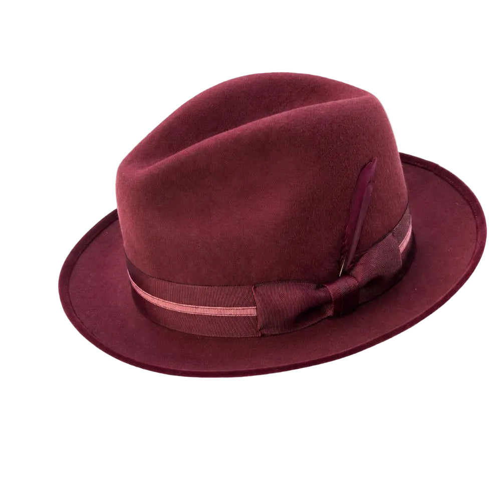 Wool Felt Fedora Striped Ribbon Band & Feather - Wine