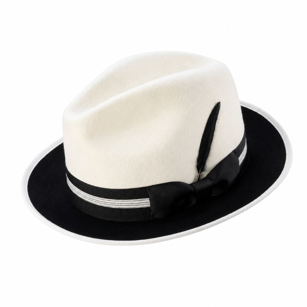 White and black two-tone wool felt fedora with ribbon band and feather