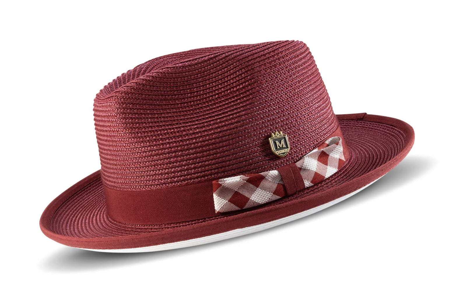 Checkered burgundy braided stingy brim pinch fedora with white bottom.