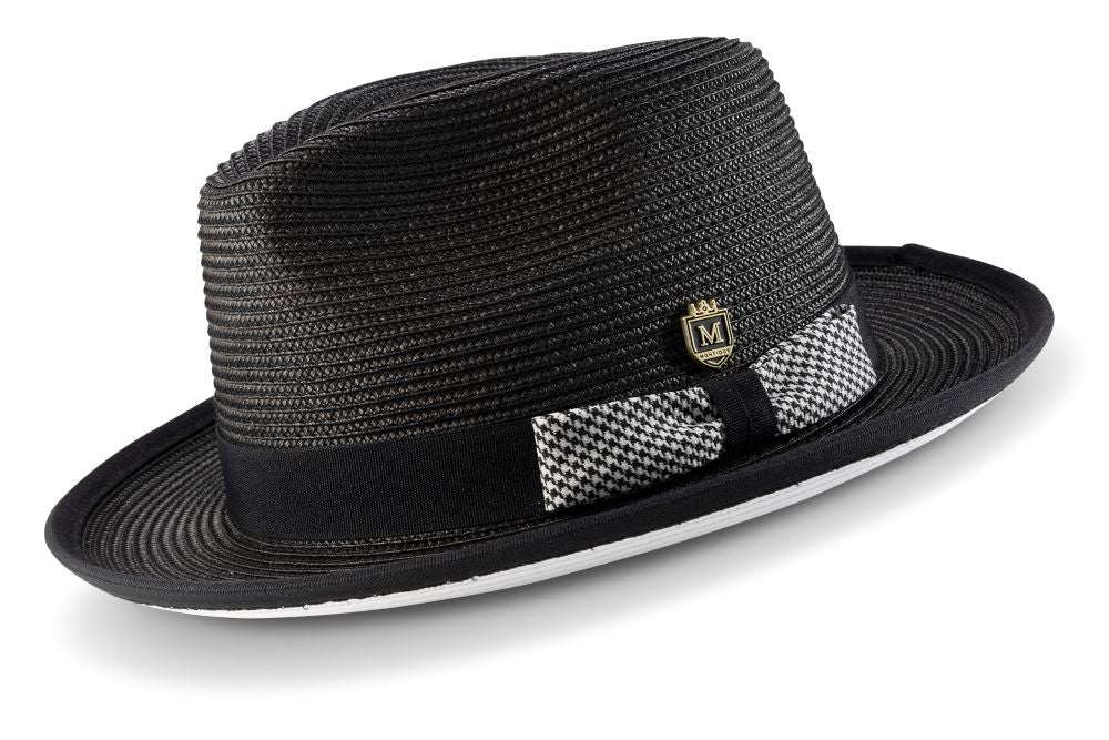 Montique solid Black Braided Stingy Brim Pinch Fedora With White Bottom hat.