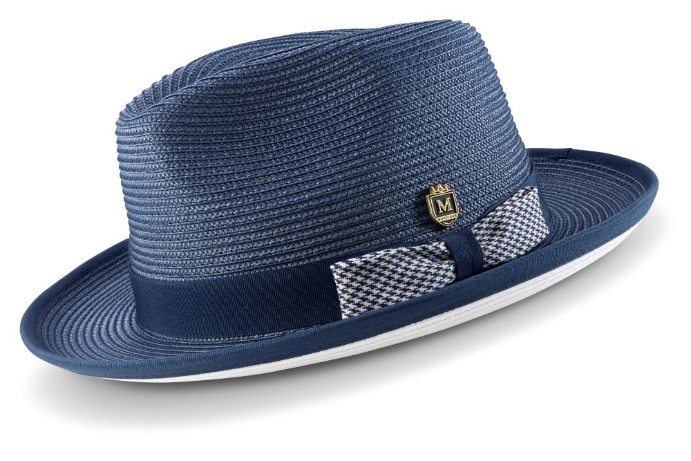 Montique Navy Braided Stingy Brim Pinch Fedora with white bottom, worn by a mannequin.
