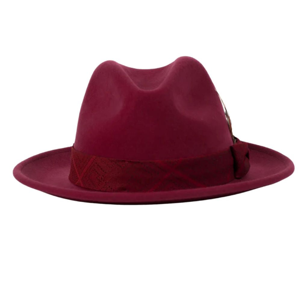 Solid Wine Wool Felt Dress Hat with Feather Accent on a white background.