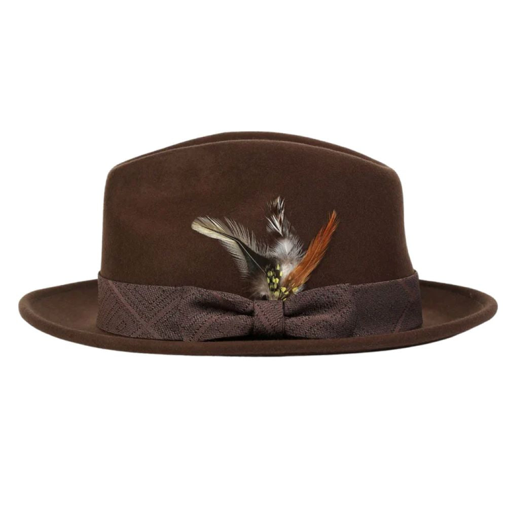 Solid brown wool felt dress hat by Montique, featuring a feather accent.