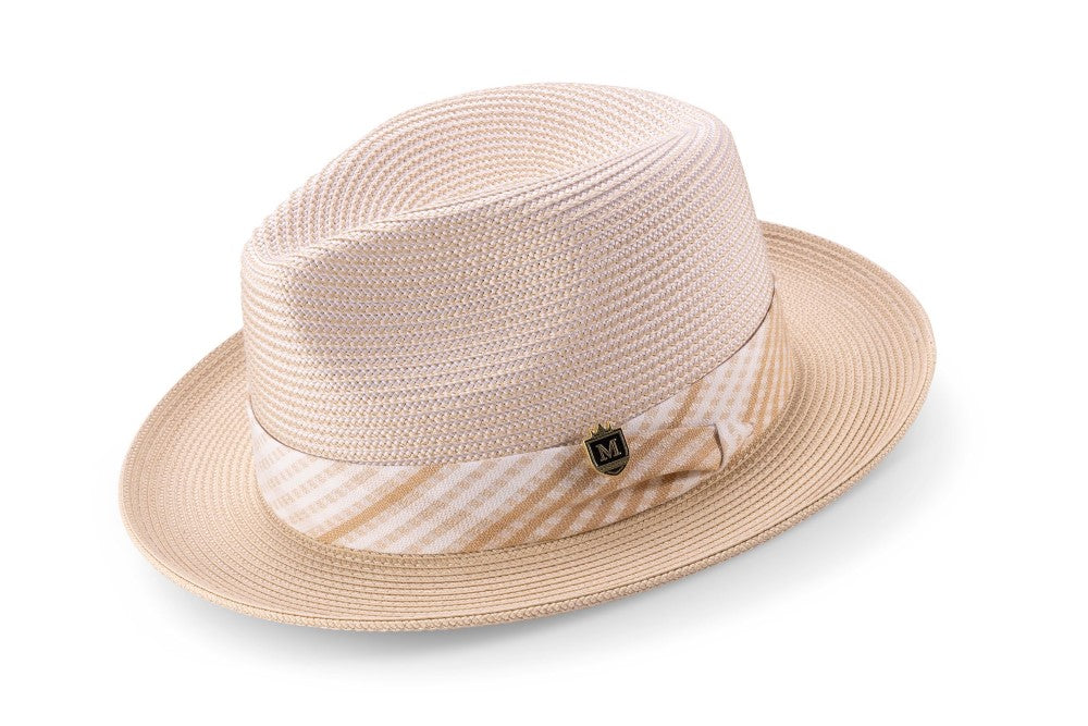 Beige Fedora Hat with Checkered Ribbon Band
