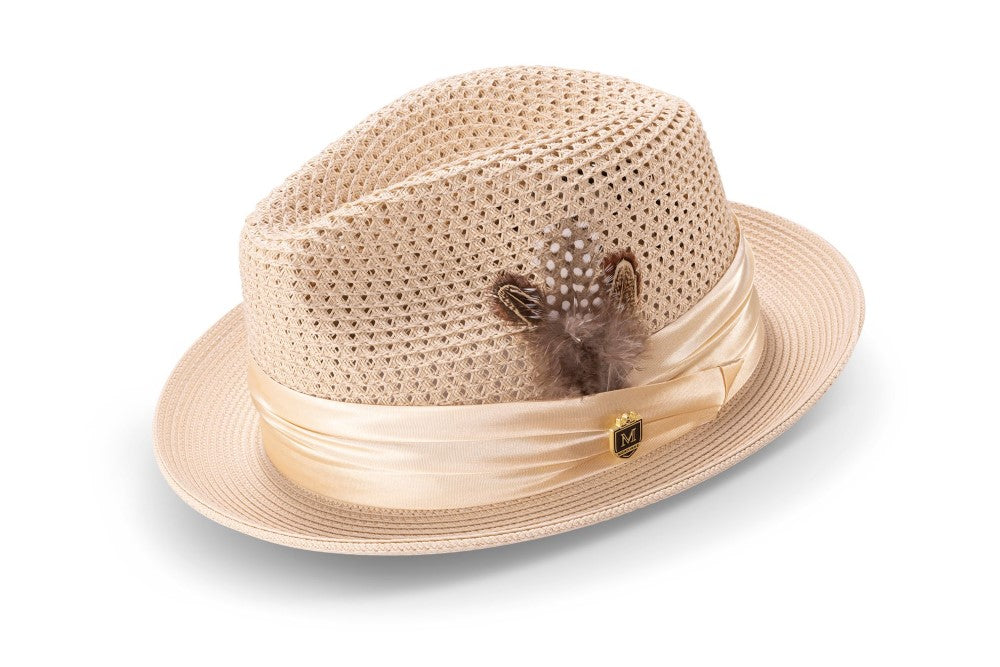 Beige Solid Color Pinch Braided Fedora With Matching Satin Ribbon